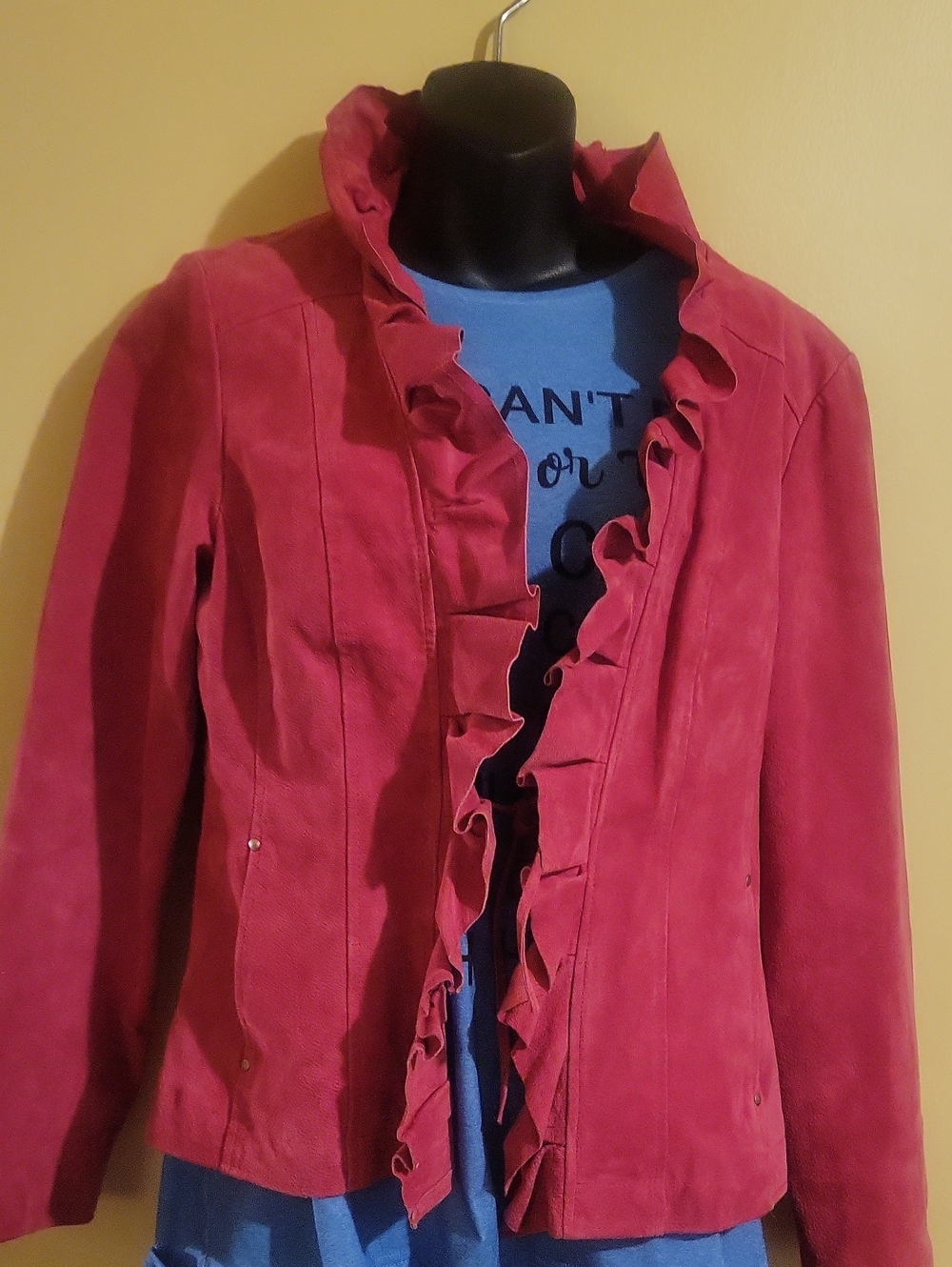 Women’s Ruffle Front Suede Jacket in Rose